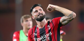 olivier giroud playing for milan celebrates scoring