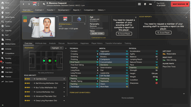 maxence caqueret fm24 profile bargain midfielders