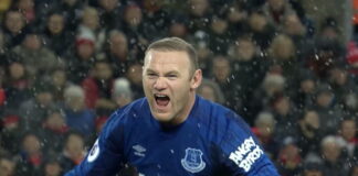 wayne rooney after scoring for everton in merseyside derby as a teenager