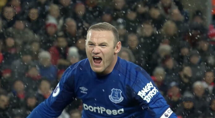 wayne rooney after scoring for everton in merseyside derby as a teenager