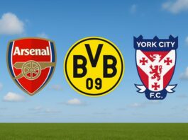 badges of Arsenal FC Borussia Dortmund and York City