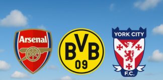 badges of Arsenal FC Borussia Dortmund and York City