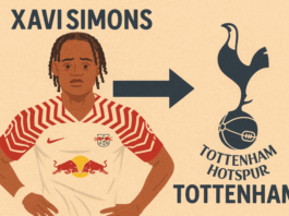 illustration showing xavi simons move from rb leipzig to tottenham hotspur