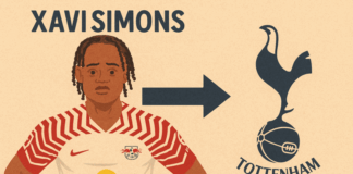illustration showing xavi simons move from rb leipzig to tottenham hotspur