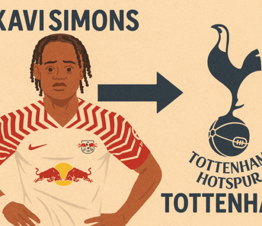 illustration showing xavi simons move from rb leipzig to tottenham hotspur