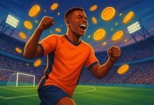 illustration football player in stadium raining coins