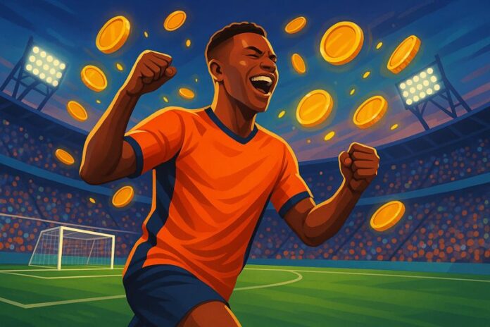 illustration football player in stadium raining coins