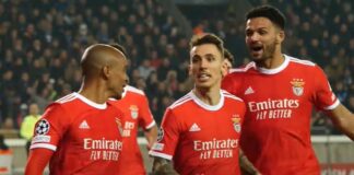 Alejandro Grimaldo celebrates goal for club brugge vs benfica