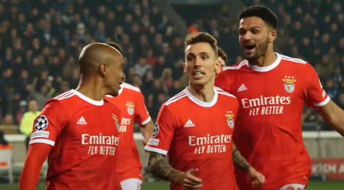 Alejandro Grimaldo celebrates goal for club brugge vs benfica
