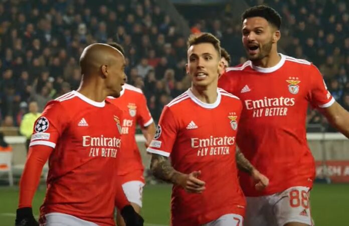 Alejandro Grimaldo celebrates goal for club brugge vs benfica
